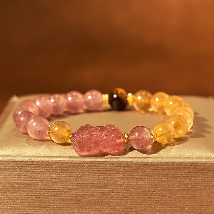 Pulsera curativa con cuentas de cuarzo rutilado de Pixiu y cuarzo fresa y Buddha Stones