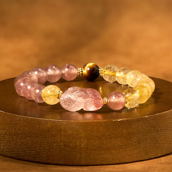 Pulsera curativa con cuentas de cuarzo rutilado de Pixiu y cuarzo fresa y Buddha Stones