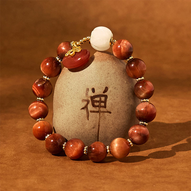 Pulsera de Buddha Stones con ojo de tigre rojo natural y calabaza calmante