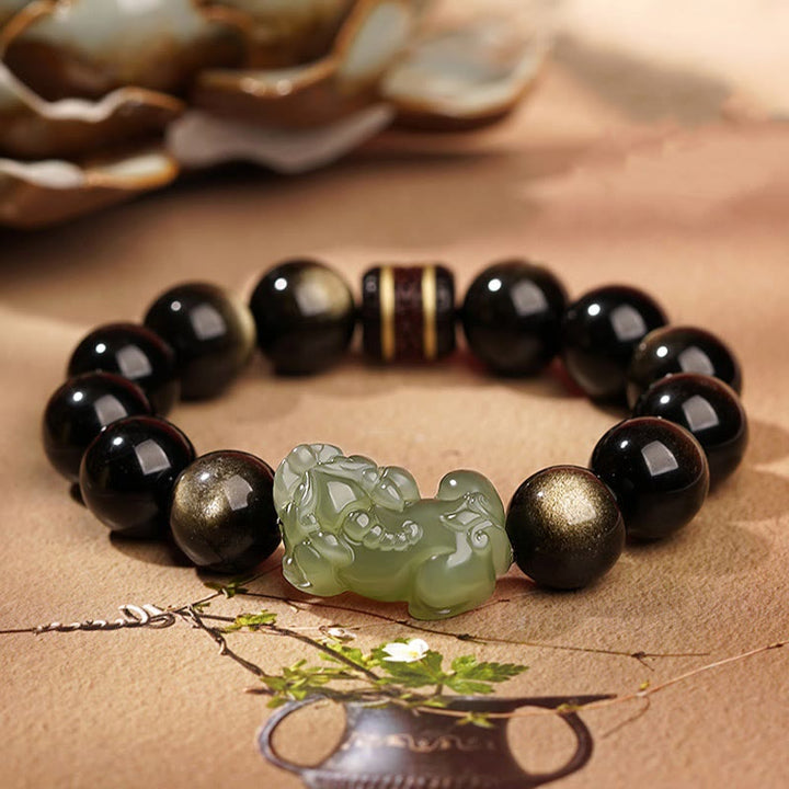 Buddha Stones Brillo de oro natural Obsidiana Hetian Cian Jade Blanco Jade PiXiu Pulsera de riqueza