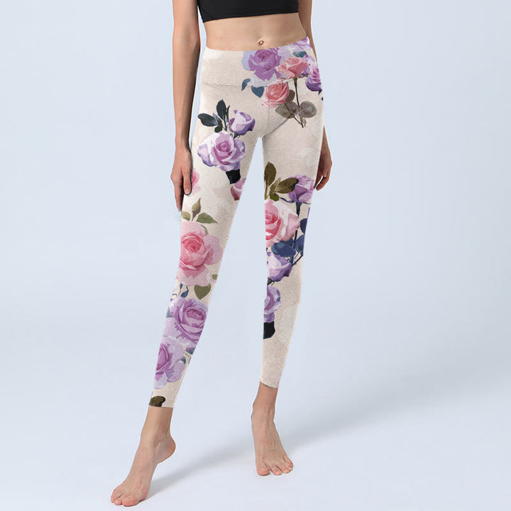 Leggings de yoga para mujer con estampado de flores rosas y Buddha Stones en color beige - image 5