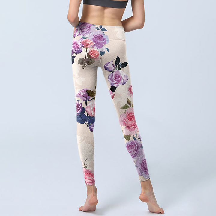 Leggings de yoga para mujer con estampado de flores rosas y Buddha Stones en color beige - image 6