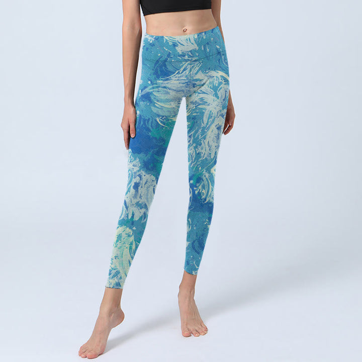 Leggings de yoga para mujer con estampado de agua y pintura al óleo abstracta azul con Buddha Stones - image 5