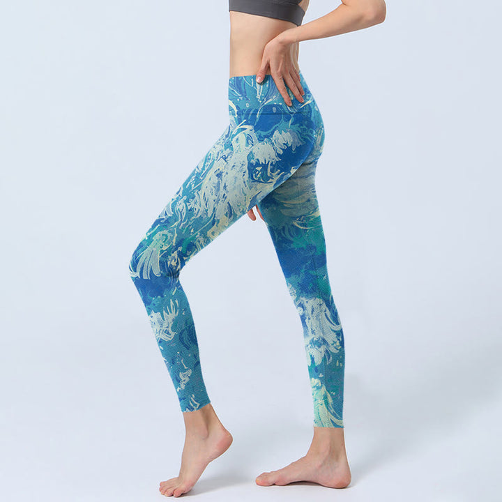 Leggings de yoga para mujer con estampado de agua y pintura al óleo abstracta azul con Buddha Stones - image 2