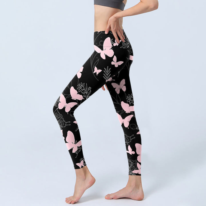 Leggings de yoga para mujer con estampado de líneas de plantas y mariposas negras y Buddha Stones - image 2