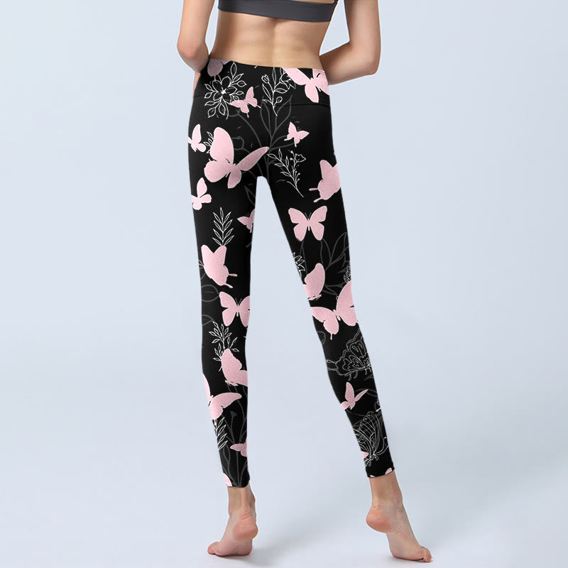 Leggings de yoga para mujer con estampado de líneas de plantas y mariposas negras y Buddha Stones - image 6