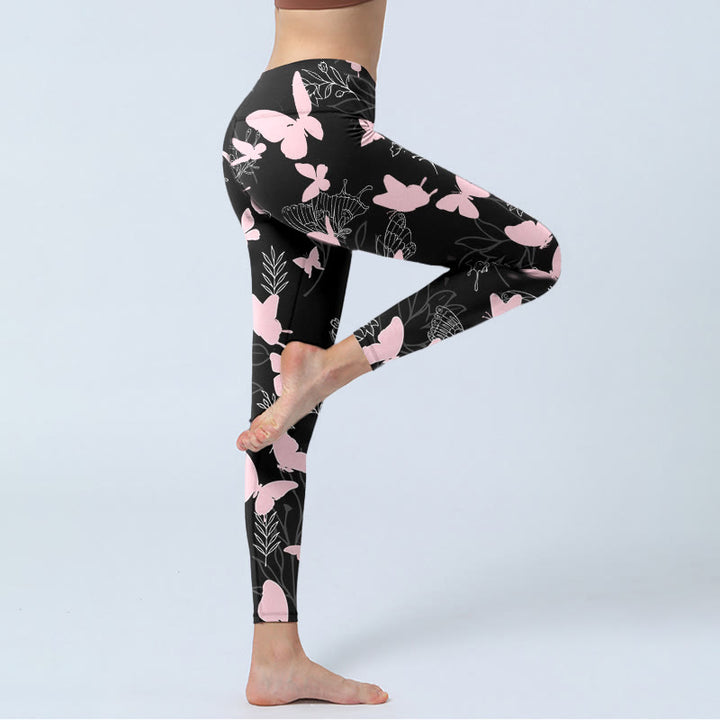 Leggings de yoga para mujer con estampado de líneas de plantas y mariposas negras y Buddha Stones - image 3