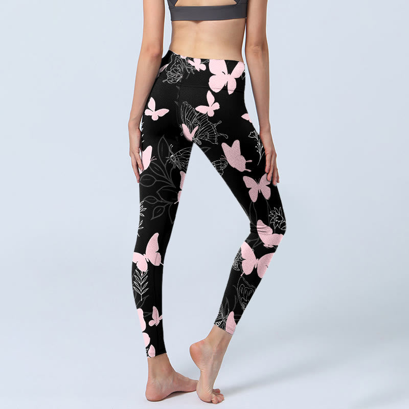 Leggings de yoga para mujer con estampado de líneas de plantas y mariposas negras y Buddha Stones - image 4