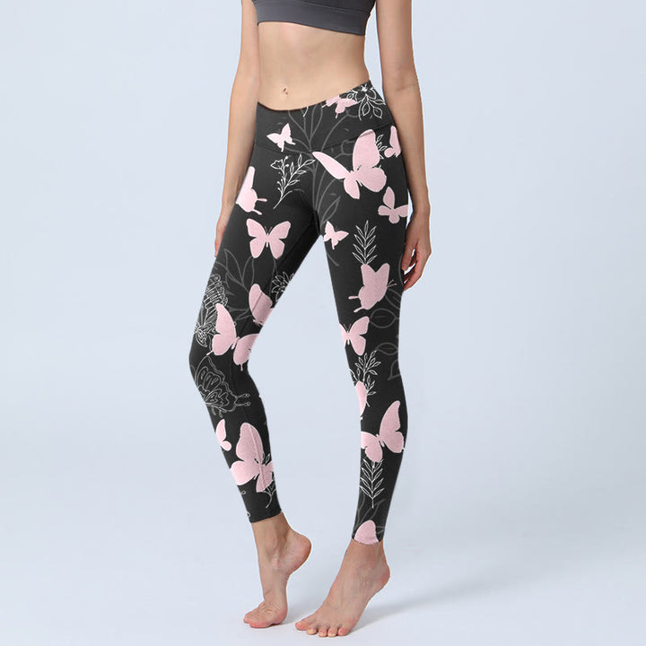 Leggings de yoga para mujer con estampado de líneas de plantas y mariposas negras y Buddha Stones - Negro - US18，UK/AU22，EU50 (4XL) - image 0