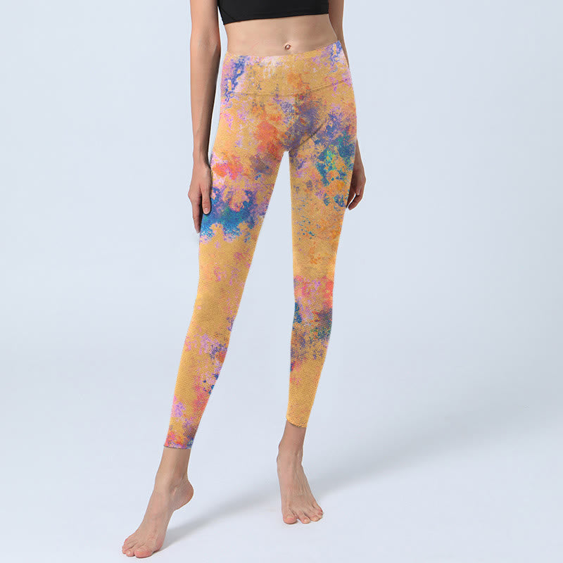 Leggings de yoga para mujer con estampado de acuarela abstracta de color amarillo brillante y Buddha Stones - image 5