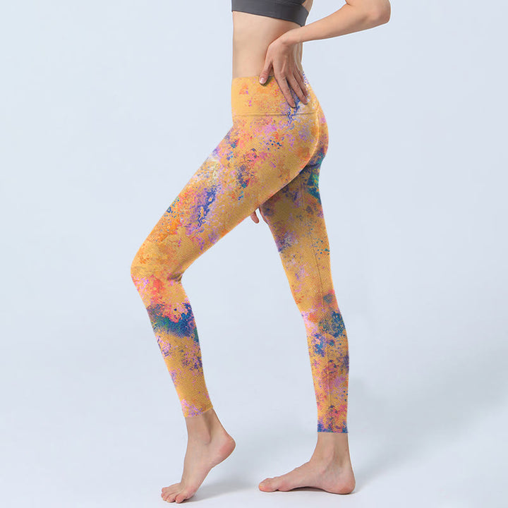 Leggings de yoga para mujer con estampado de acuarela abstracta de color amarillo brillante y Buddha Stones - image 2