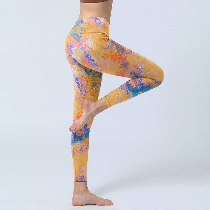 Leggings de yoga para mujer con estampado de acuarela abstracta de color amarillo brillante y Buddha Stones - image 3