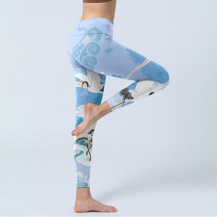 Leggings de yoga para mujer con estampado de grulla de corona roja, nubes auspiciosas y montaña de Buddha Stones - image 5