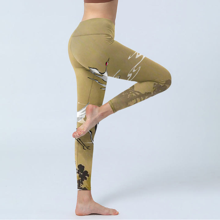 Leggings de yoga para mujer con estampado de Buddha Stones, árboles, nubes y grullas de corona roja - image 3