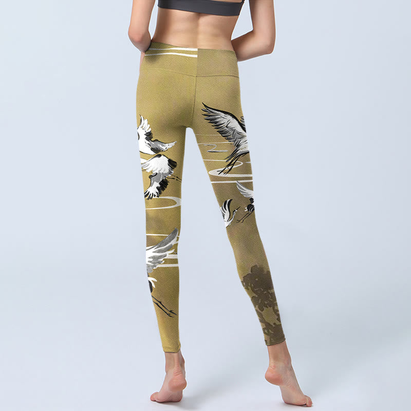 Leggings de yoga para mujer con estampado de Buddha Stones, árboles, nubes y grullas de corona roja - image 6
