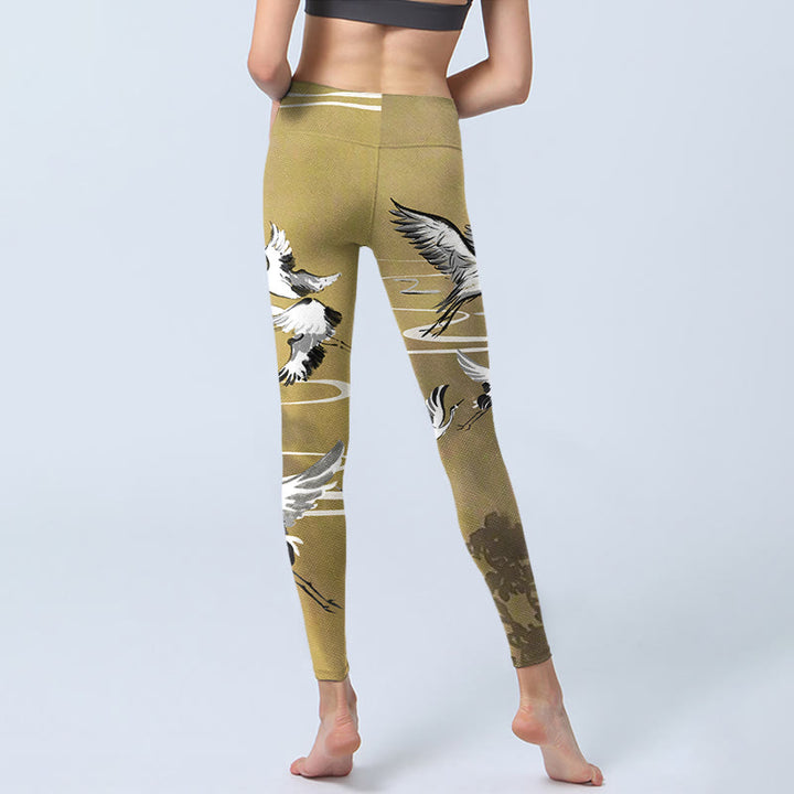 Leggings de yoga para mujer con estampado de Buddha Stones, árboles, nubes y grullas de corona roja - image 6