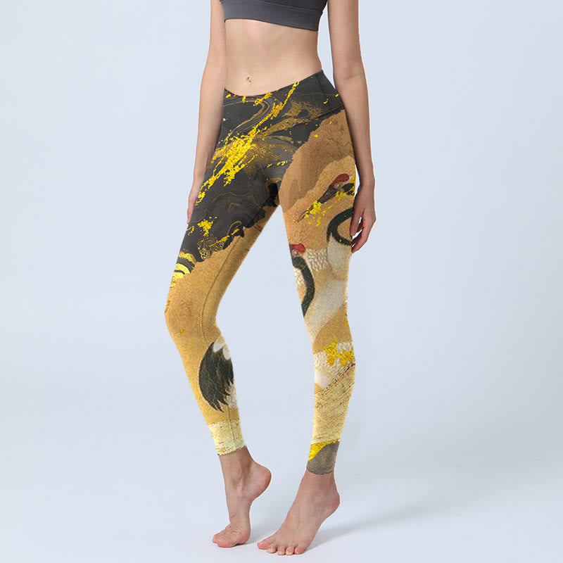 Leggings de yoga para mujer con estampado de grulla de corona roja, pino, roca y piedras de Buddha Stones - Vara de oro - US18，UK/AU22，EU50 (4XL) - image 0