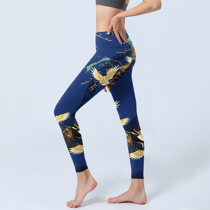 Leggings de yoga para mujer con estampado de grulla coronada roja y templo de montaña con Buddha Stones - image 2