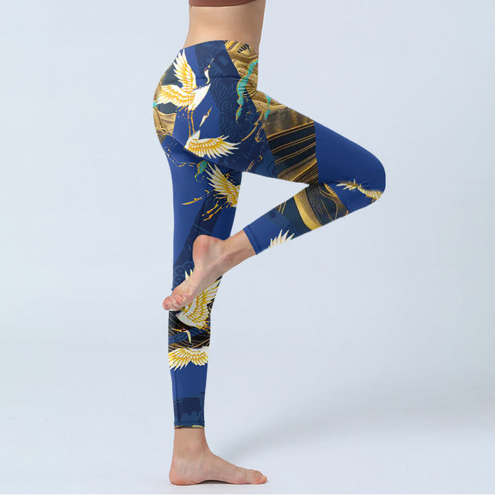 Leggings de yoga para mujer con estampado de grulla coronada roja y templo de montaña con Buddha Stones - image 3