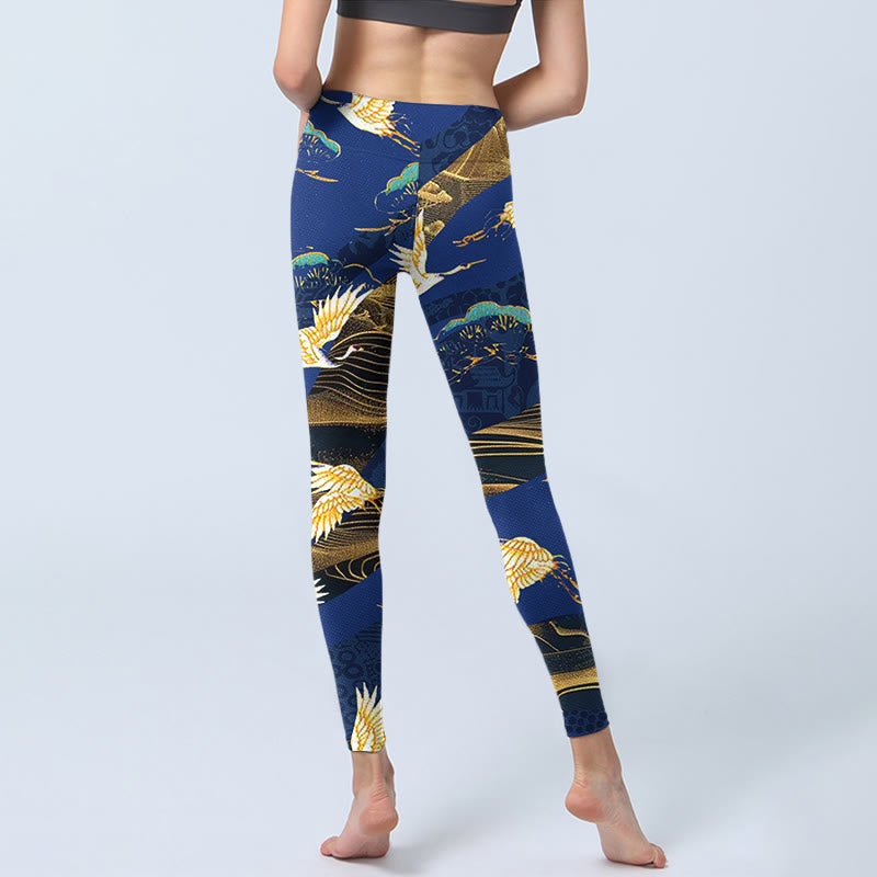 Leggings de yoga para mujer con estampado de grulla coronada roja y templo de montaña con Buddha Stones - image 6