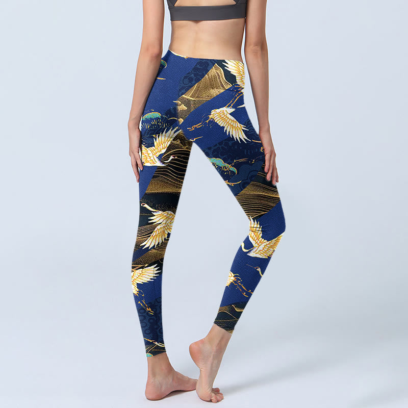 Leggings de yoga para mujer con estampado de grulla coronada roja y templo de montaña con Buddha Stones - image 4