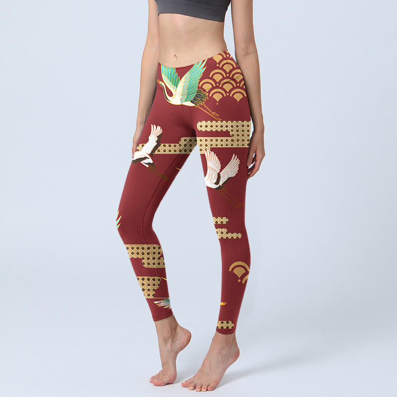 Leggings de yoga para mujer con estampado de nubes y grullas coronadas de color rojo y Buddha Stones - Ladrillo refractario - US18，UK/AU22，EU50 (4XL) - image 1