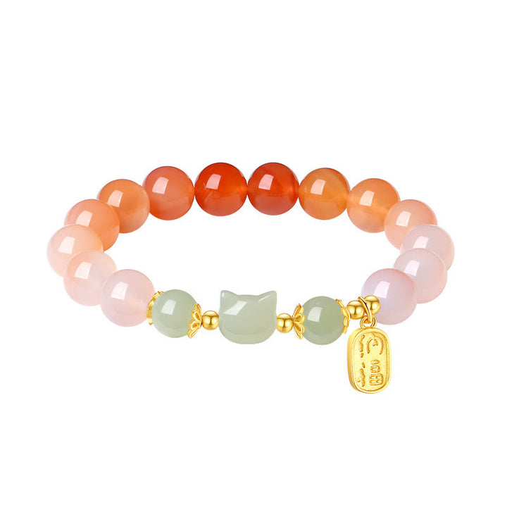 Pulsera de confianza con carácter de gato Fu y jade hetiano de ágata roja y plata de ley 925 con Buddha Stones