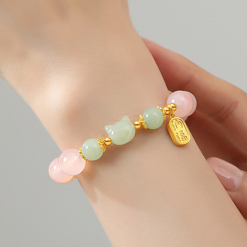 Pulsera de confianza con carácter de gato Fu y jade hetiano de ágata roja y plata de ley 925 con Buddha Stones