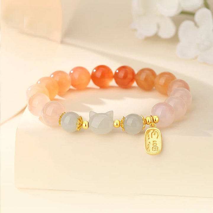 Pulsera de confianza con carácter de gato Fu y jade hetiano de ágata roja y plata de ley 925 con Buddha Stones