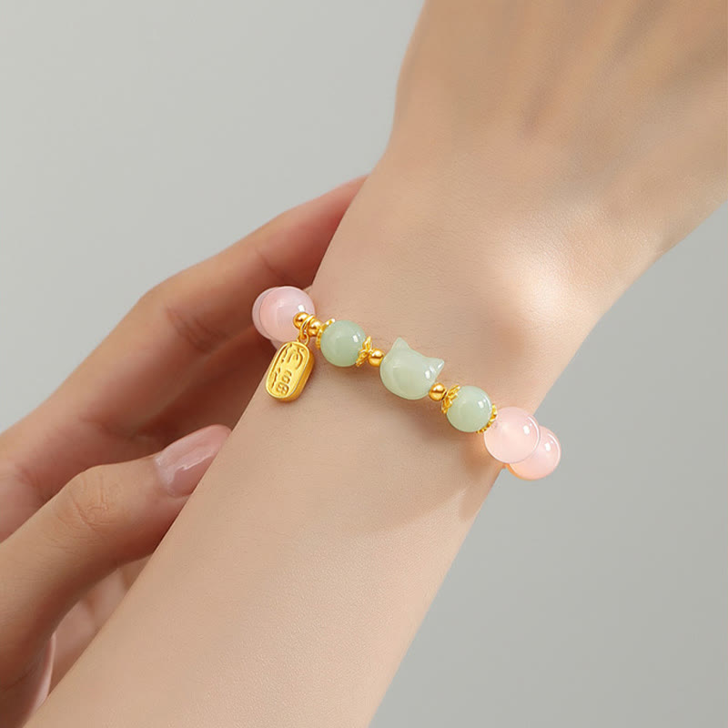 Pulsera de confianza con carácter de gato Fu y jade hetiano de ágata roja y plata de ley 925 con Buddha Stones