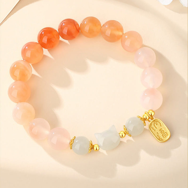 Pulsera de confianza con carácter de gato Fu y jade hetiano de ágata roja y plata de ley 925 con Buddha Stones
