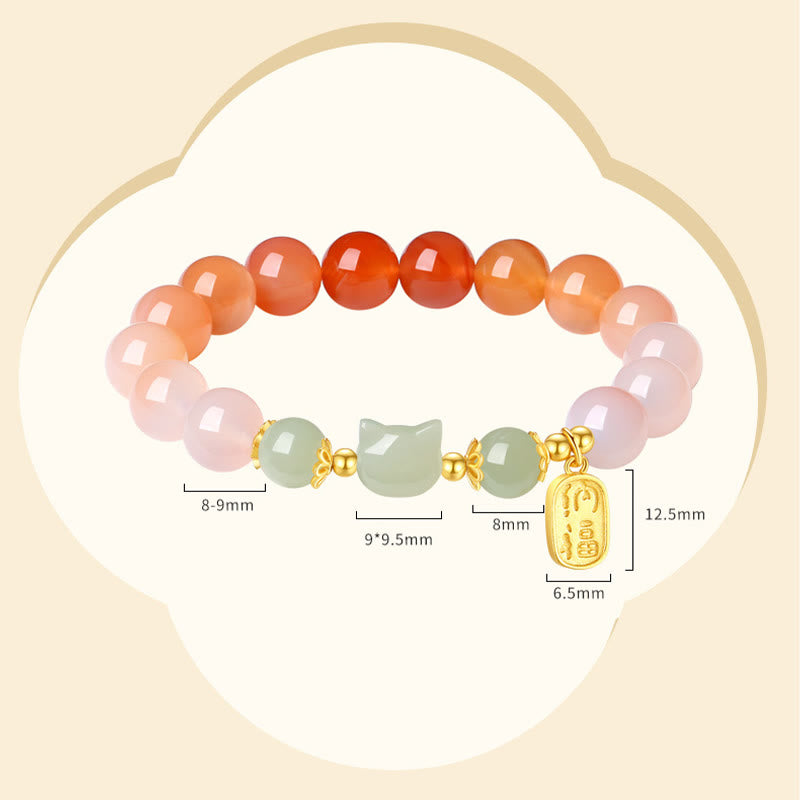 Pulsera de confianza con carácter de gato Fu y jade hetiano de ágata roja y plata de ley 925 con Buddha Stones