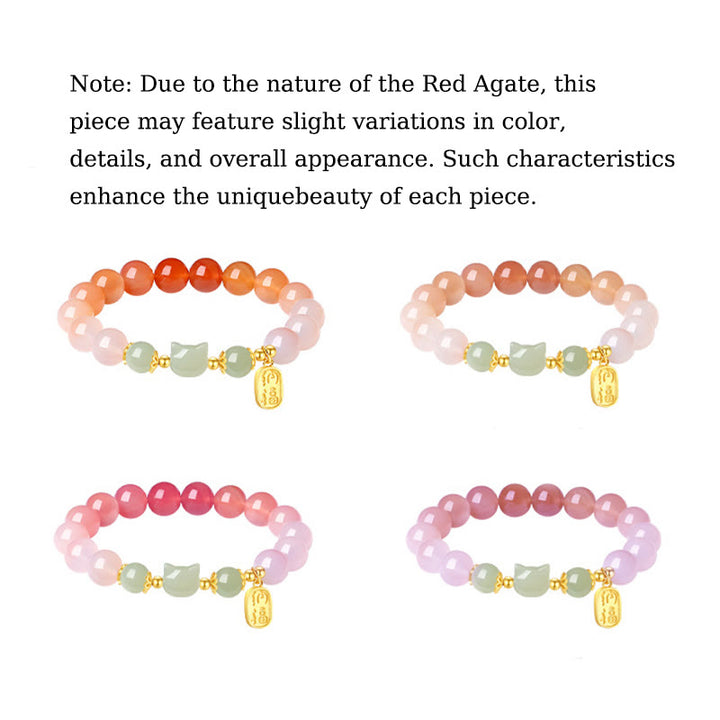 Pulsera de confianza con carácter de gato Fu y jade hetiano de ágata roja y plata de ley 925 con Buddha Stones