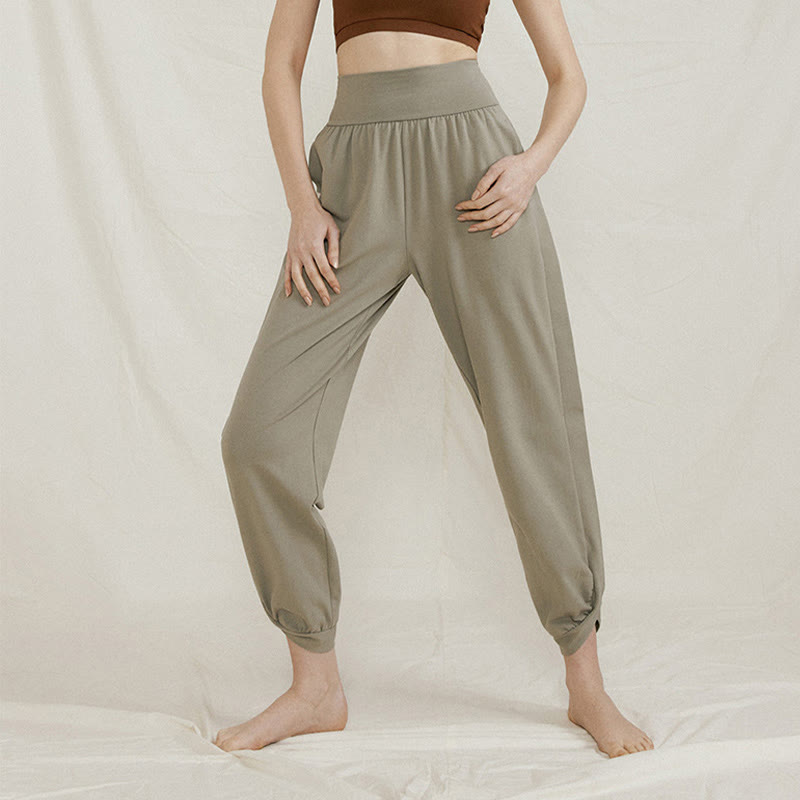 Pantalones casuales de algodón con cintura alta, pliegues laterales, secado rápido y bolsillos para mujer de Buddha Stones - Verde mar oscuro - US4，UK/AU8，EU36 (L) - image 5