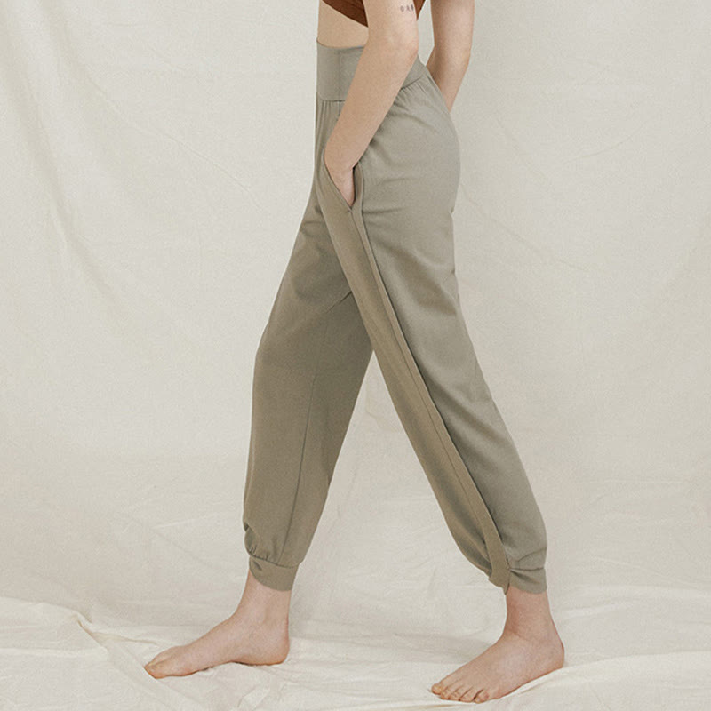 Pantalones casuales de algodón con cintura alta, pliegues laterales, secado rápido y bolsillos para mujer de Buddha Stones - image 12