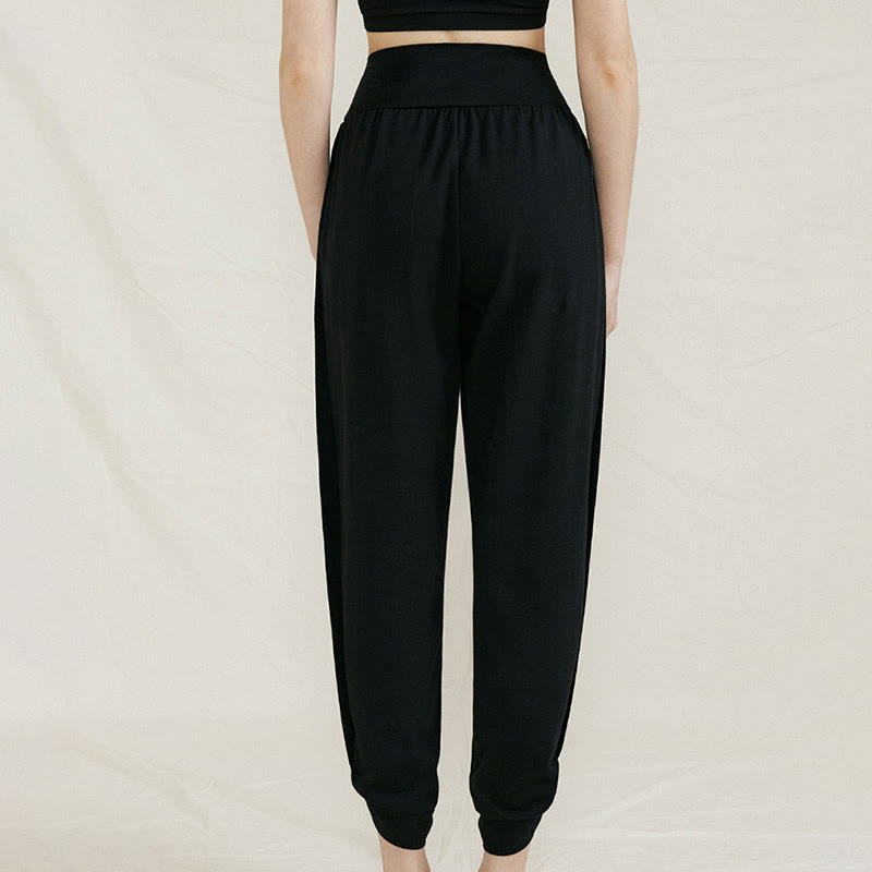Pantalones casuales de algodón con cintura alta, pliegues laterales, secado rápido y bolsillos para mujer de Buddha Stones - Negro - US4，UK/AU8，EU36 (L) - image 14