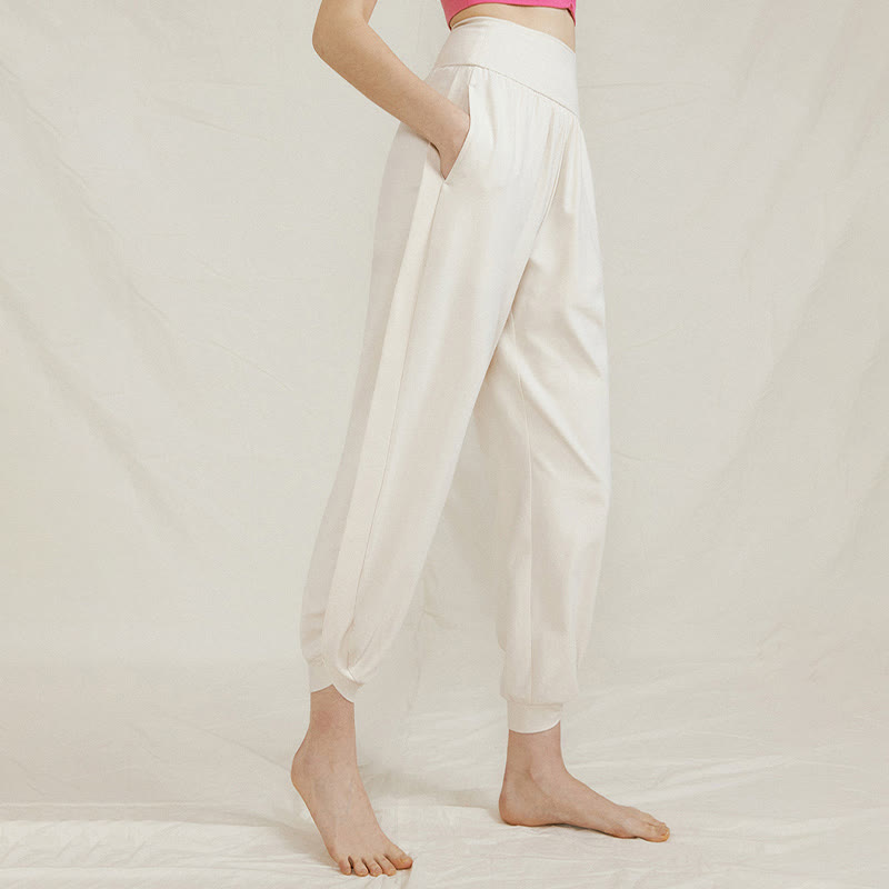 Pantalones casuales de algodón con cintura alta, pliegues laterales, secado rápido y bolsillos para mujer de Buddha Stones - Marfil - US4，UK/AU8，EU36 (L) - image 1