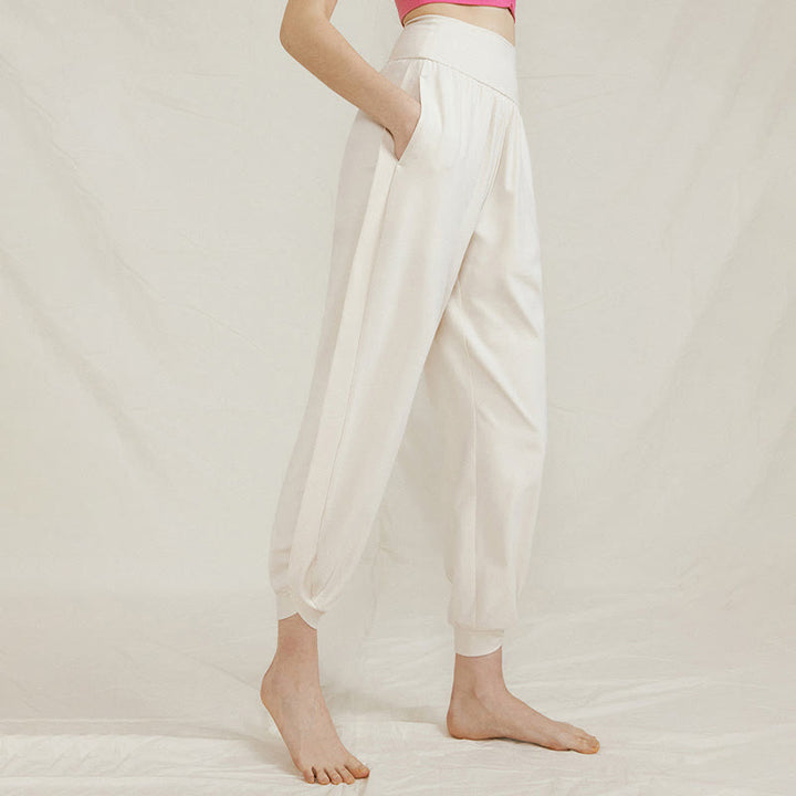 Pantalones casuales de algodón con cintura alta, pliegues laterales, secado rápido y bolsillos para mujer de Buddha Stones - Marfil - US4，UK/AU8，EU36 (L) - image 1