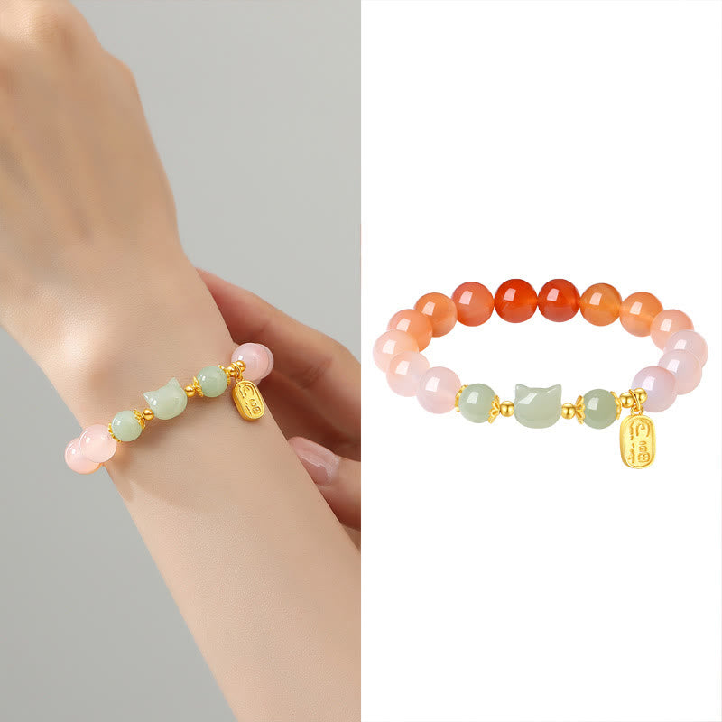 Pulsera de confianza con carácter de gato Fu y jade hetiano de ágata roja y plata de ley 925 con Buddha Stones