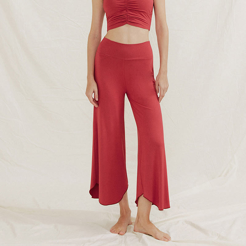 Pantalones de pierna ancha Leica para mujer con dobladillo geométrico irregular y holgado informal con Buddha Stones - image 4