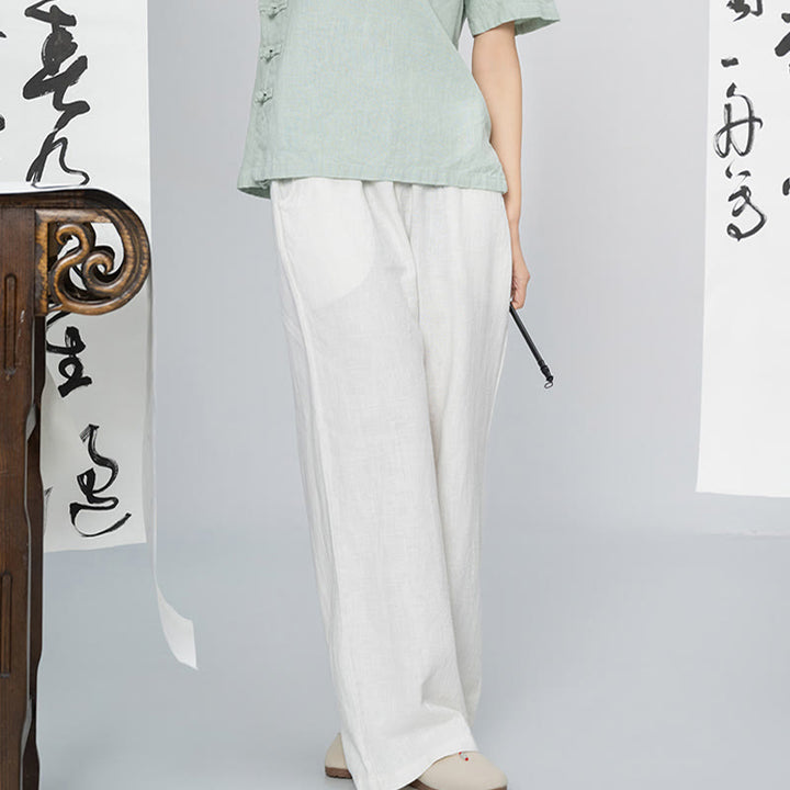 Pantalones anchos de pierna recta, holgados, informales, de algodón ramio, para mujer, con bolsillos, de Buddha Stones