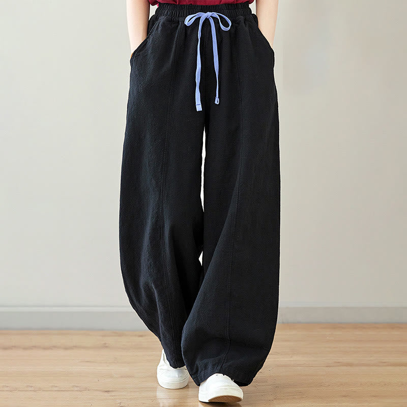 Pantalones de lino y algodón para mujer, informales, lisos y holgados, con bolsillos y estampado de Buddha Stones - Negro - US6, UK/AU10, EU38 (L) - image 0