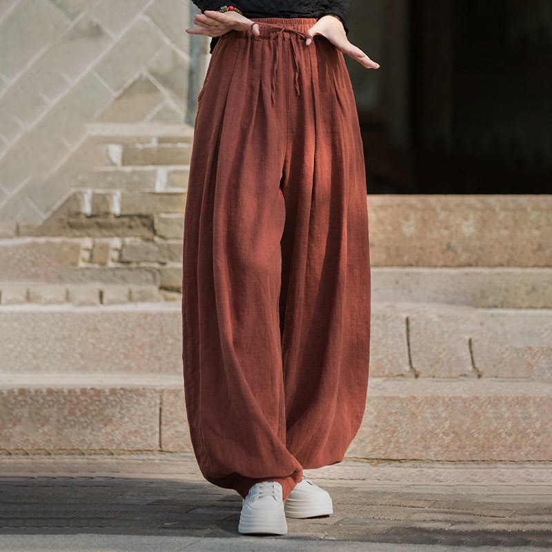 Pantalones casuales de algodón ramio con bolsillos y cintura holgada con lazo para mujer de Buddha Stones