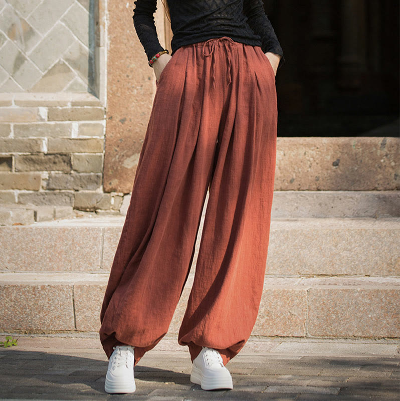Pantalones casuales de algodón ramio con bolsillos y cintura holgada con lazo para mujer de Buddha Stones