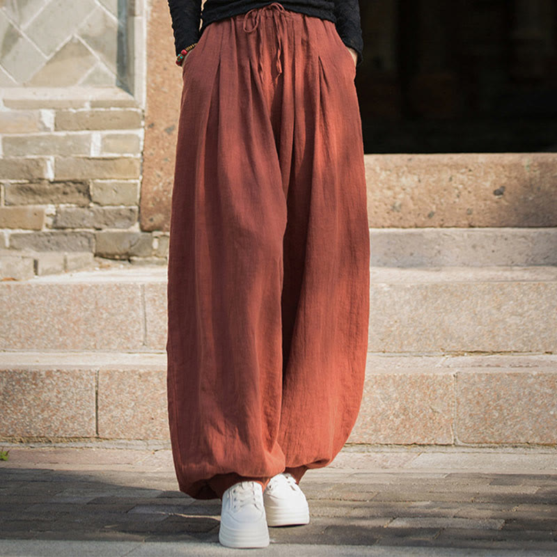 Pantalones casuales de algodón ramio con bolsillos y cintura holgada con lazo para mujer de Buddha Stones
