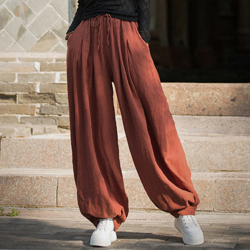 Pantalones casuales de algodón ramio con bolsillos y cintura holgada con lazo para mujer de Buddha Stones
