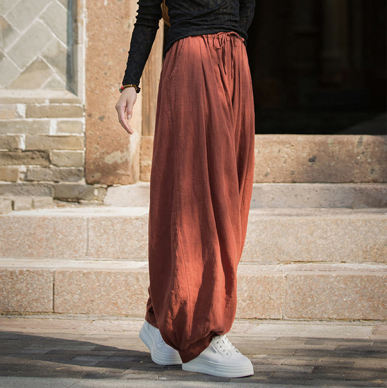 Pantalones casuales de algodón ramio con bolsillos y cintura holgada con lazo para mujer de Buddha Stones