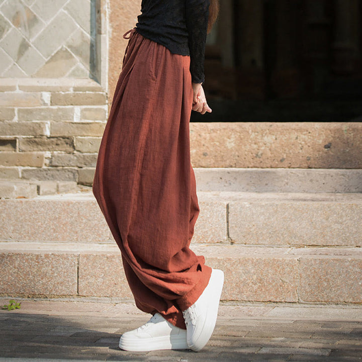Pantalones casuales de algodón ramio con bolsillos y cintura holgada con lazo para mujer de Buddha Stones
