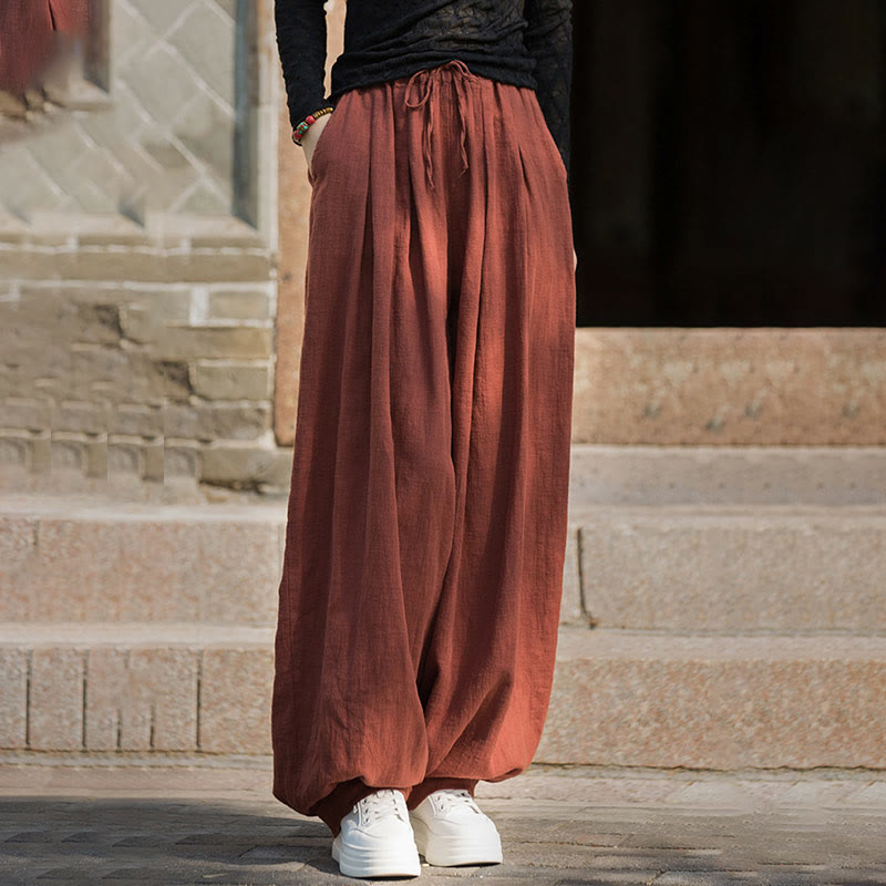 Pantalones casuales de algodón ramio con bolsillos y cintura holgada con lazo para mujer de Buddha Stones