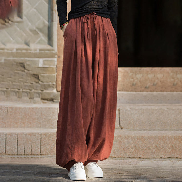 Pantalones casuales de algodón ramio con bolsillos y cintura holgada con lazo para mujer de Buddha Stones